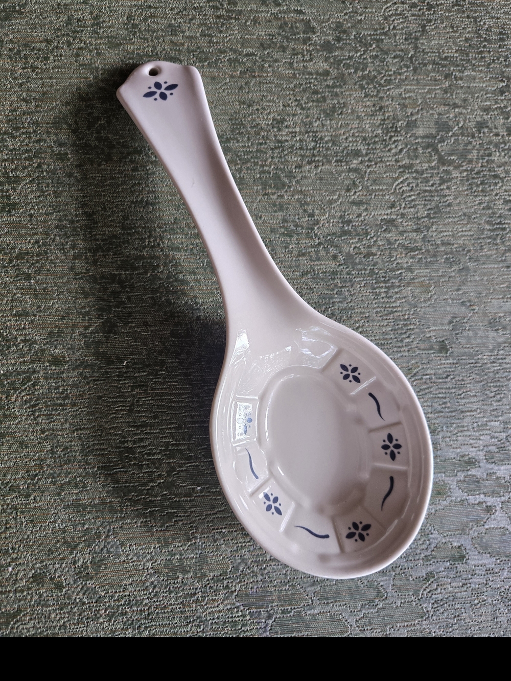 Longaberger Pottery Ceramic Spoon Rest - White with Blue Floral Accents